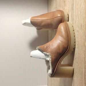 New Free People James Tan Leather Women’s Fax Fur Lined Mules Heels Eur 38